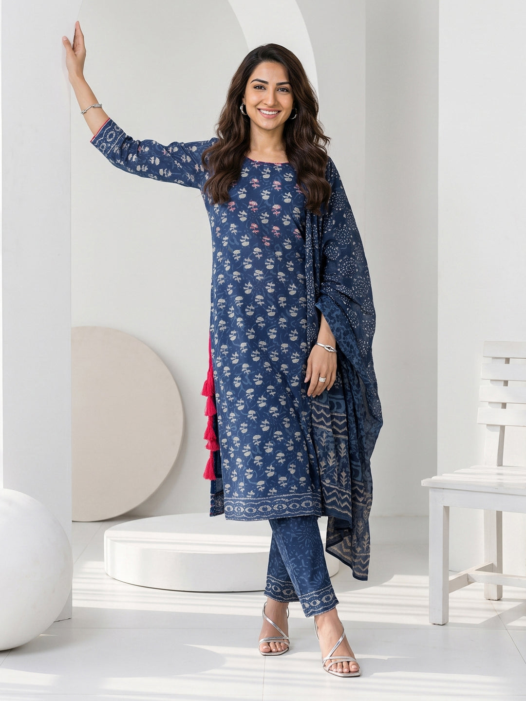  Libas Indigo Blue Dabu Printed Cotton Straight Suit Set 