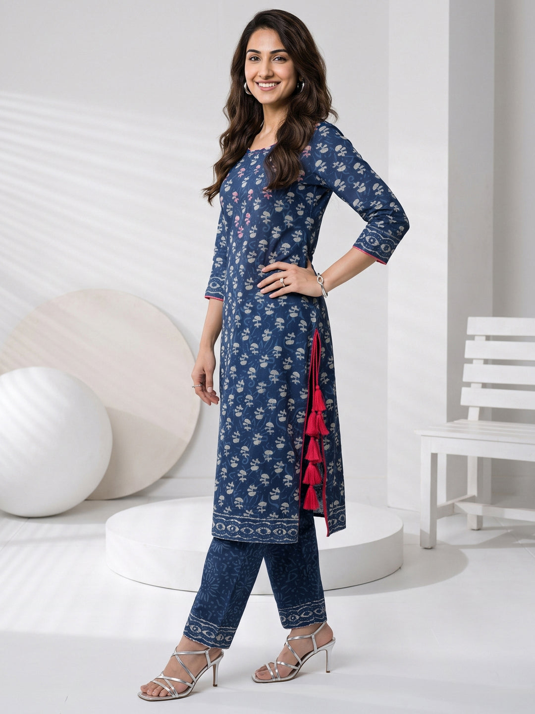  Libas Indigo Blue Dabu Printed Cotton Straight Suit Set 