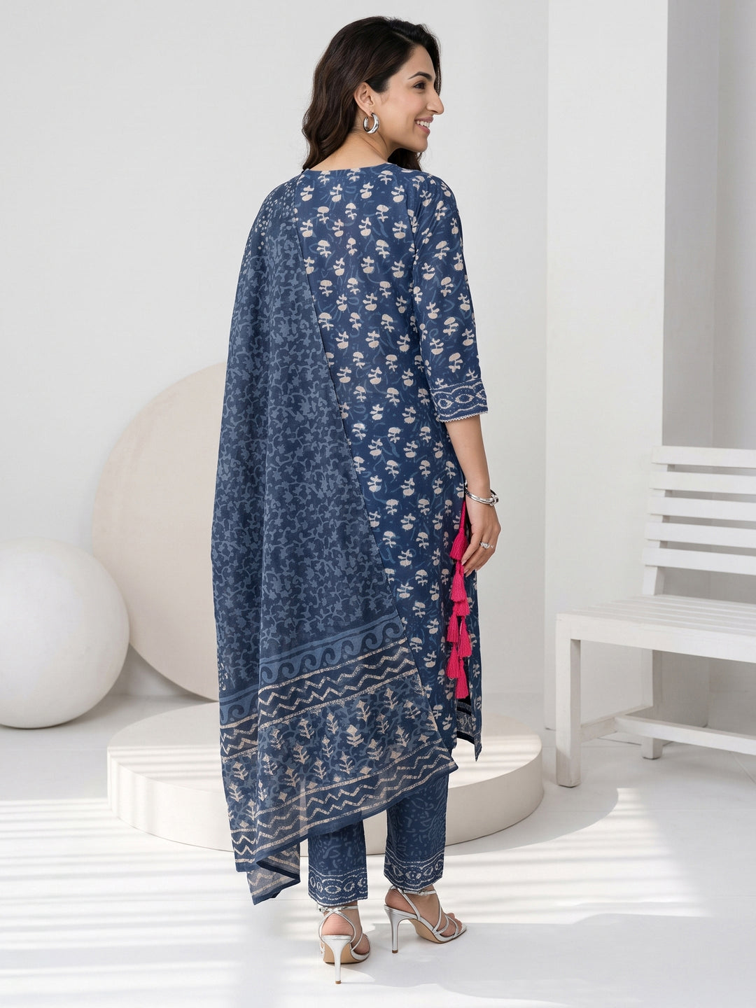  Libas Indigo Blue Dabu Printed Cotton Straight Suit Set 
