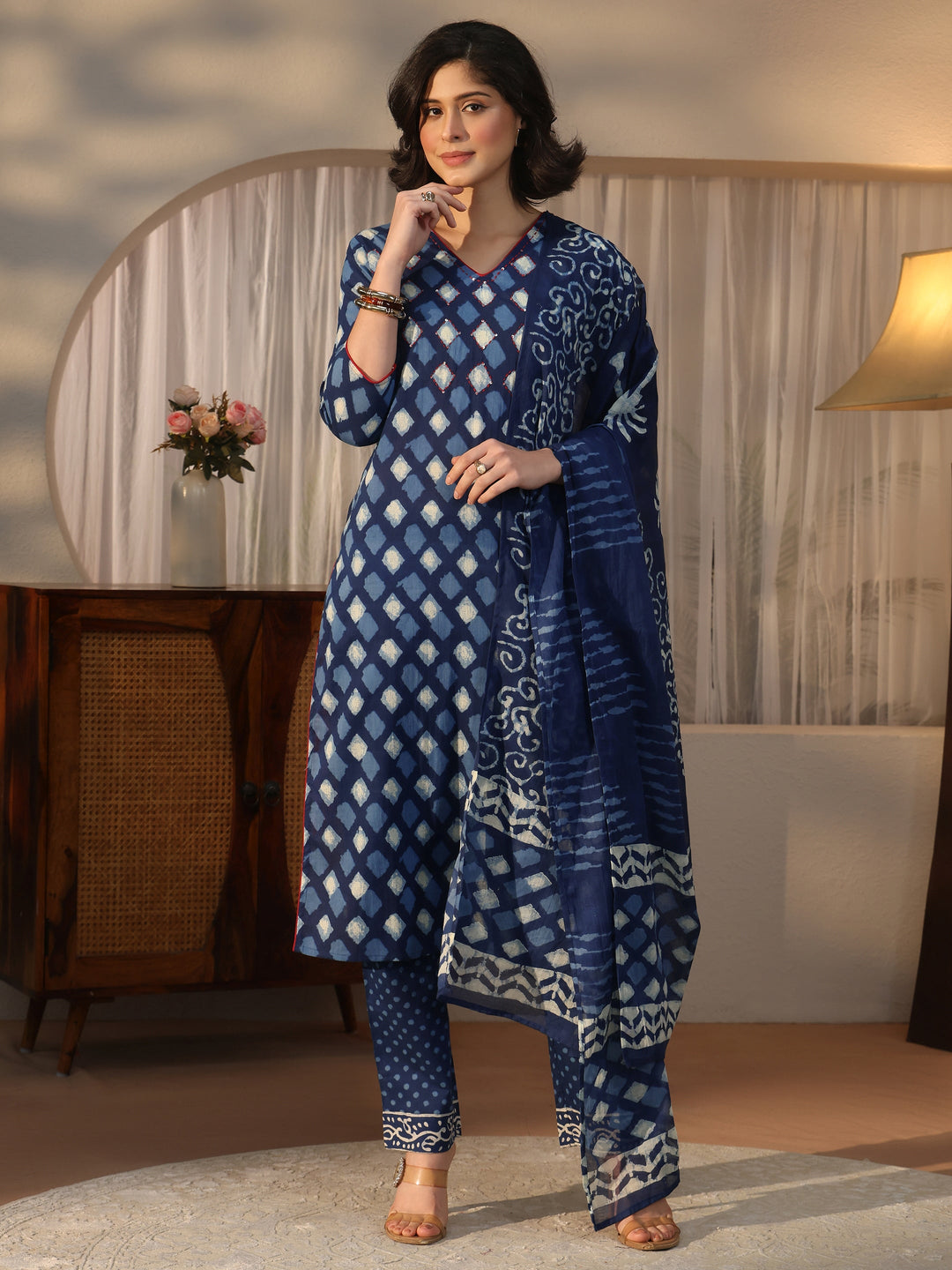  Libas Blue Geometric Printed Cotton Straight Suit Set 