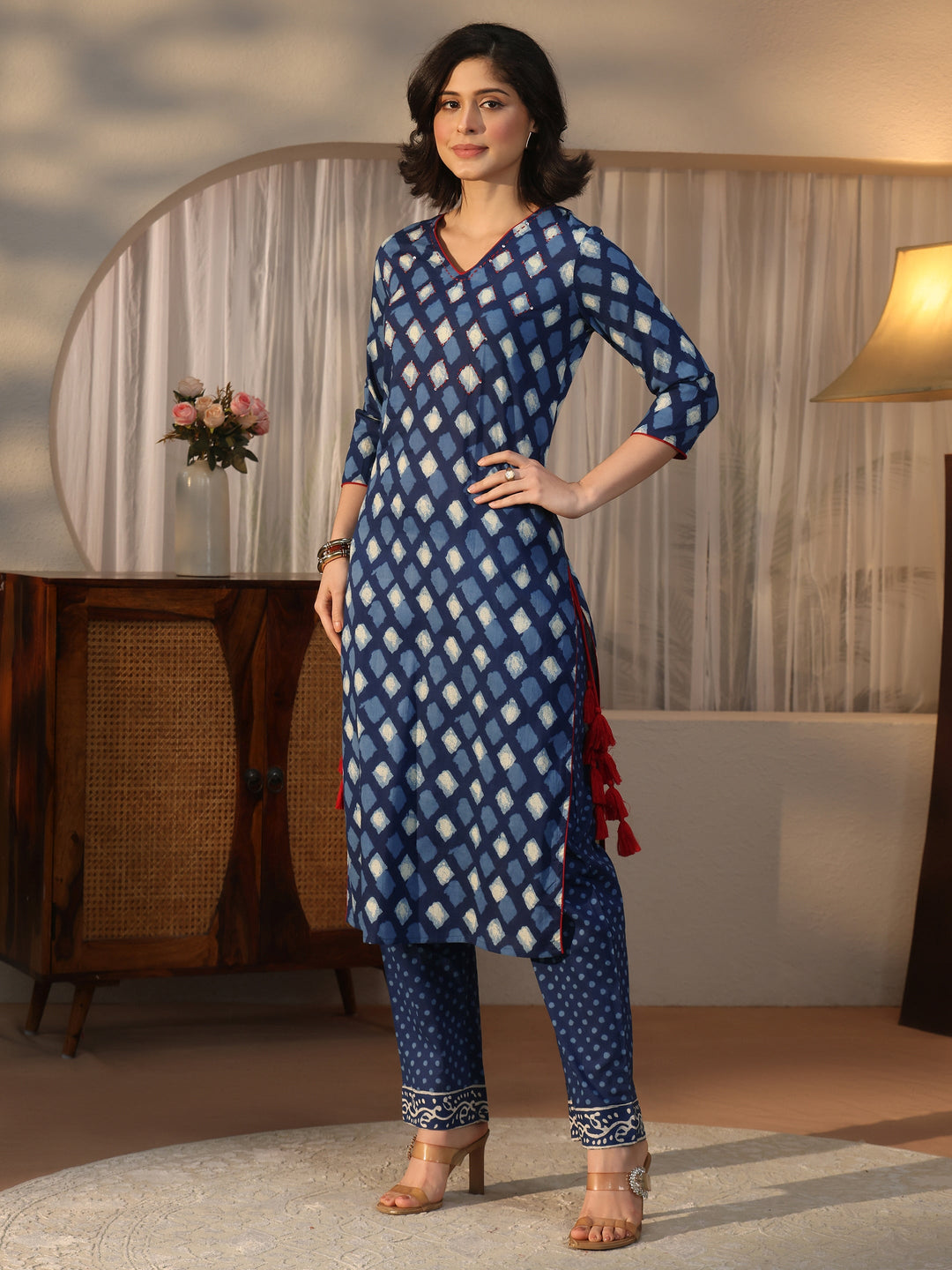  Libas Blue Geometric Printed Cotton Straight Suit Set 