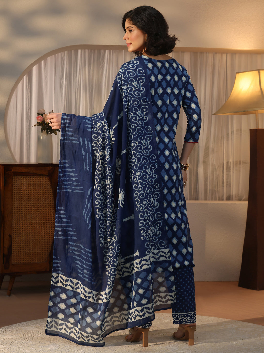  Libas Blue Geometric Printed Cotton Straight Suit Set 