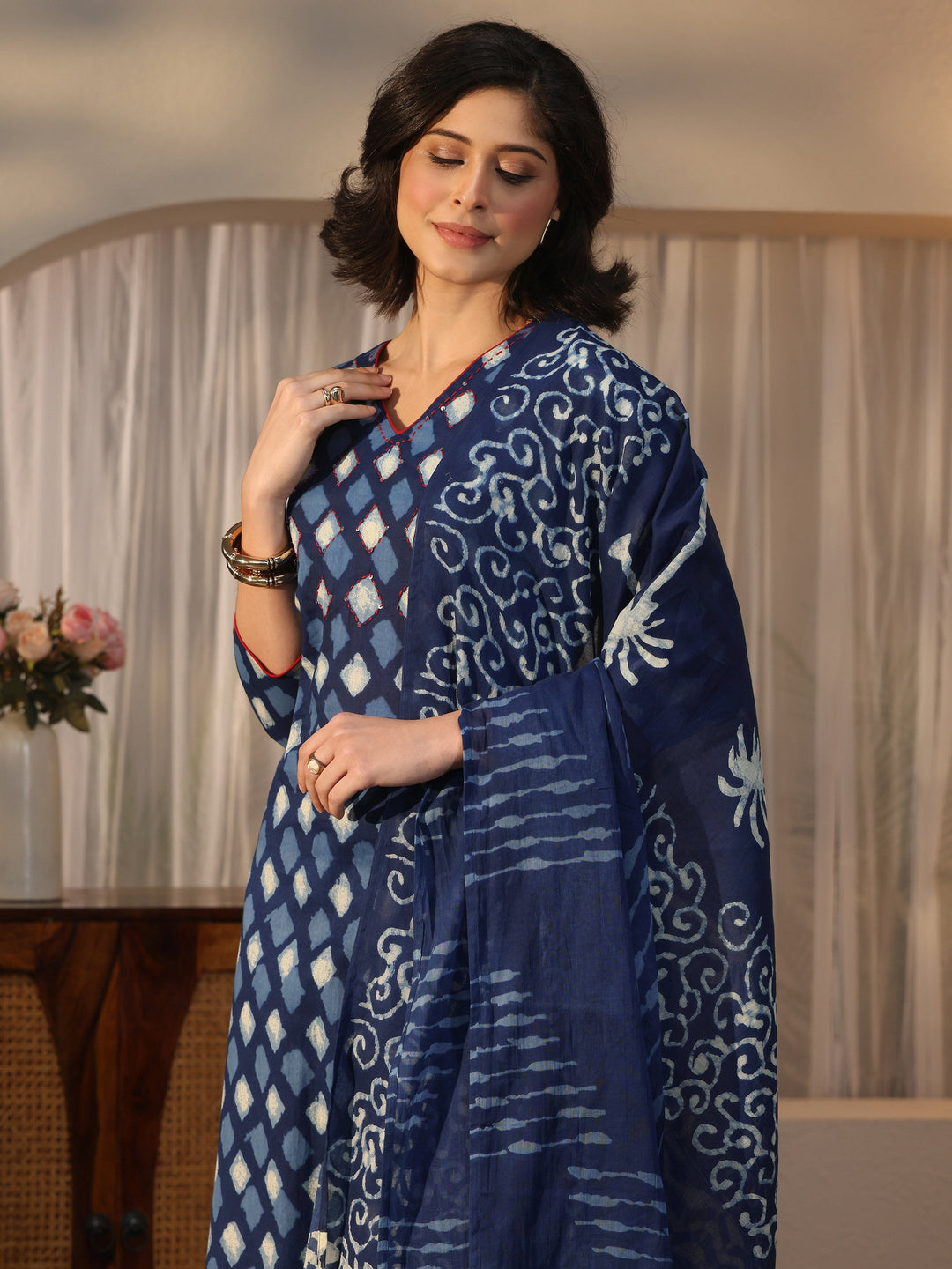  Libas Blue Geometric Printed Cotton Straight Suit Set 