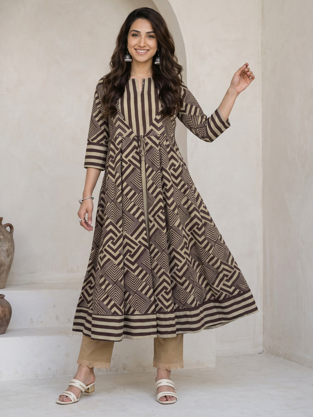  Libas Grey Geometric Printed Cotton Straight Kurta with Long Shrug 