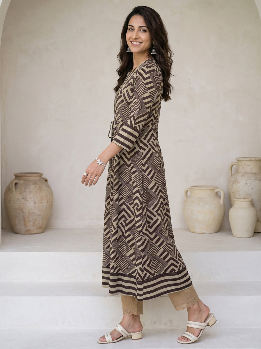  Libas Grey Geometric Printed Cotton Straight Kurta with Long Shrug 