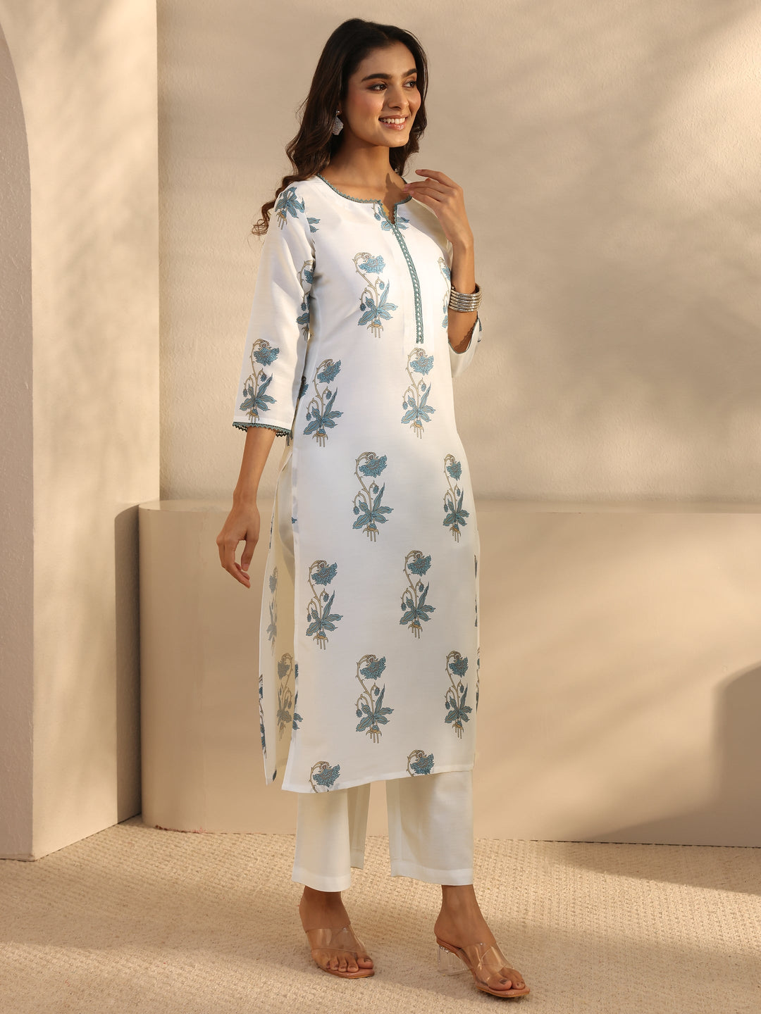  White Floral Printed Cotton Blend Straight Suits Set With Dupatta 