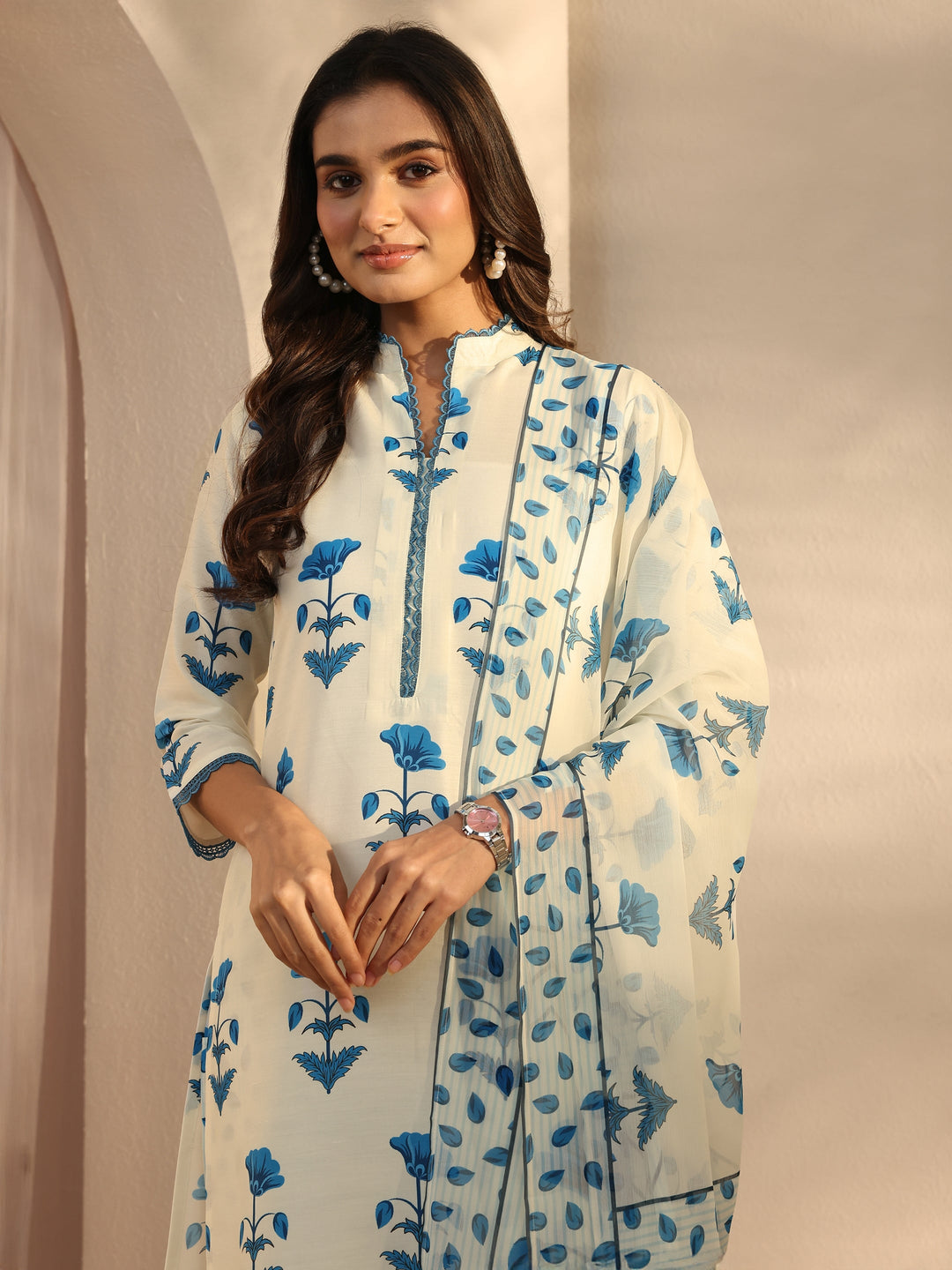  Cream Floral Printed Cotton Blend Straight Suits Set With Dupatta 