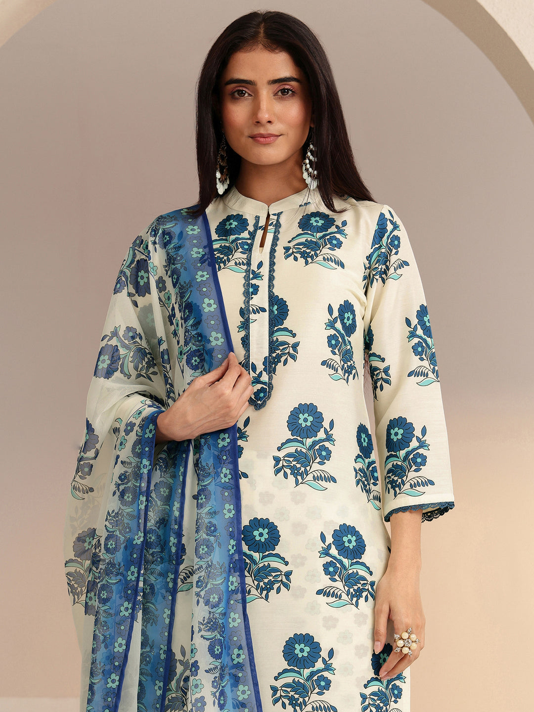  Ivory Floral Printed Straight Cotton Blend Suit Set 