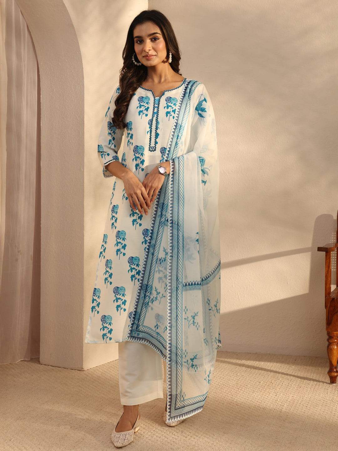  White Floral Printed Cotton Blend Straight Suits Set With Dupatta 