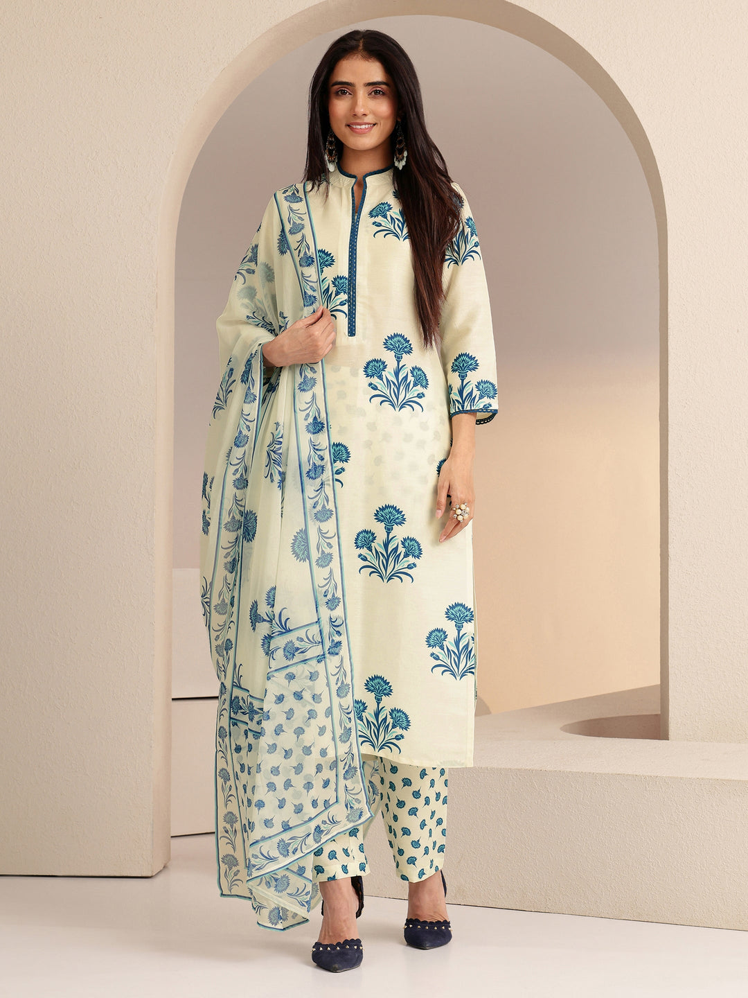  Cream Floral Printed Straight  Cotton Blend Suit Set 