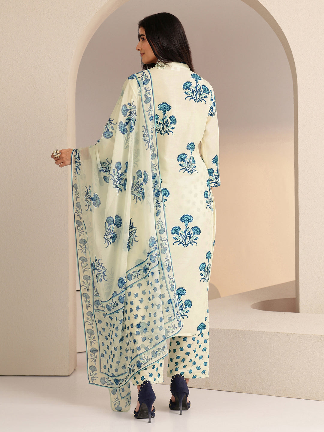  Cream Floral Printed Straight  Cotton Blend Suit Set 