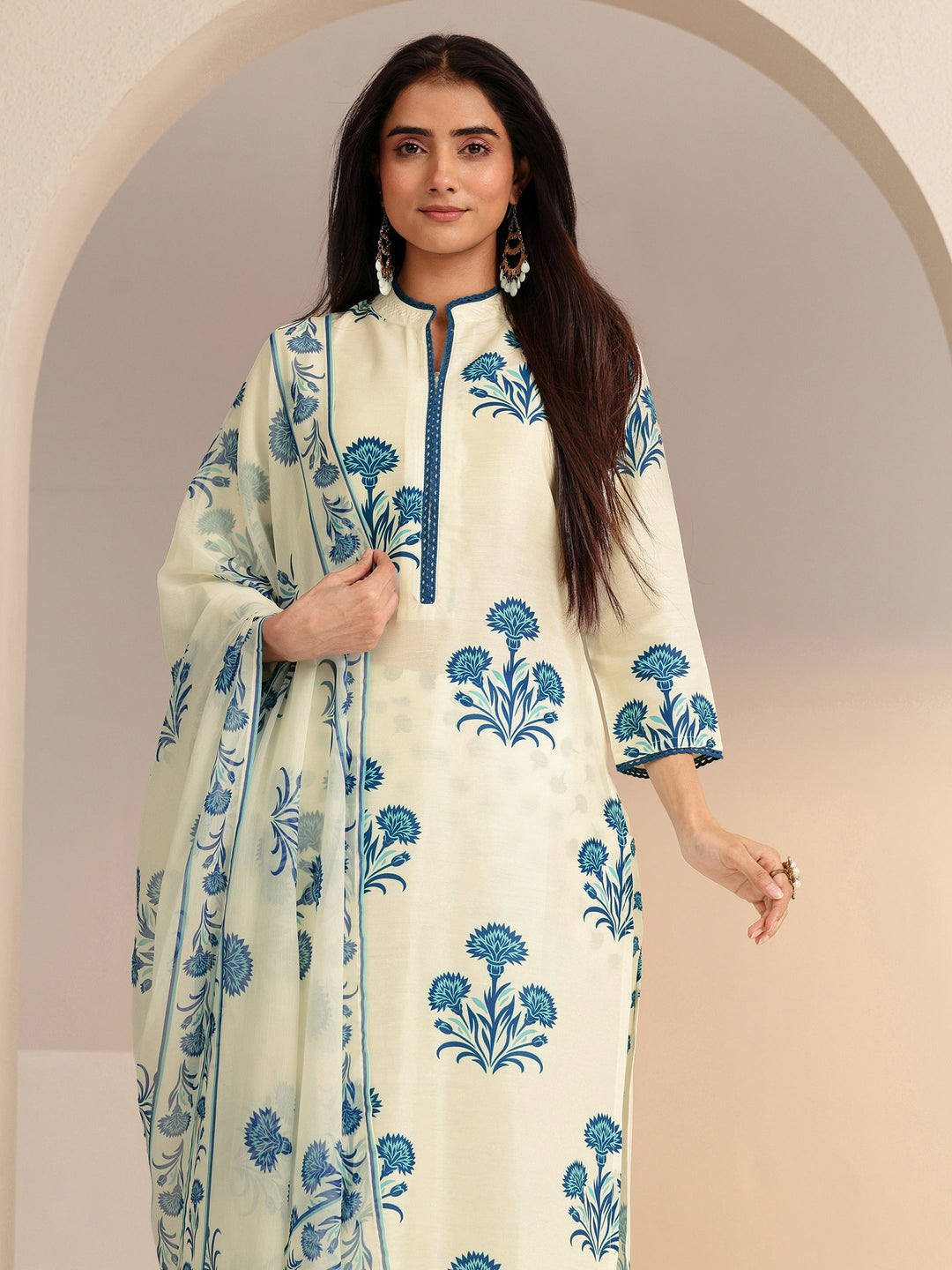  Cream Floral Printed Straight  Cotton Blend Suit Set 