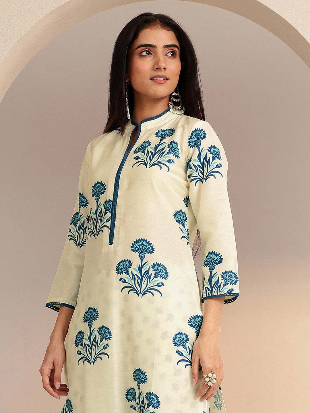  Cream Floral Printed Straight  Cotton Blend Suit Set 