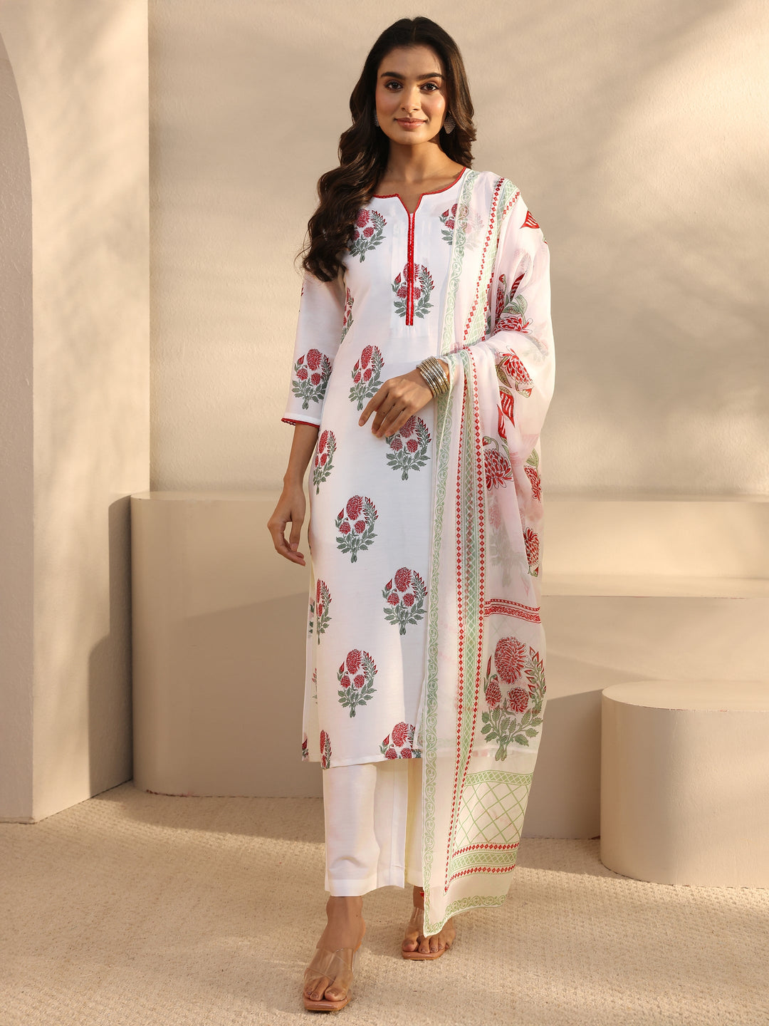  White Floral Printed Cotton Blend Straight Suits Set With Dupatta 