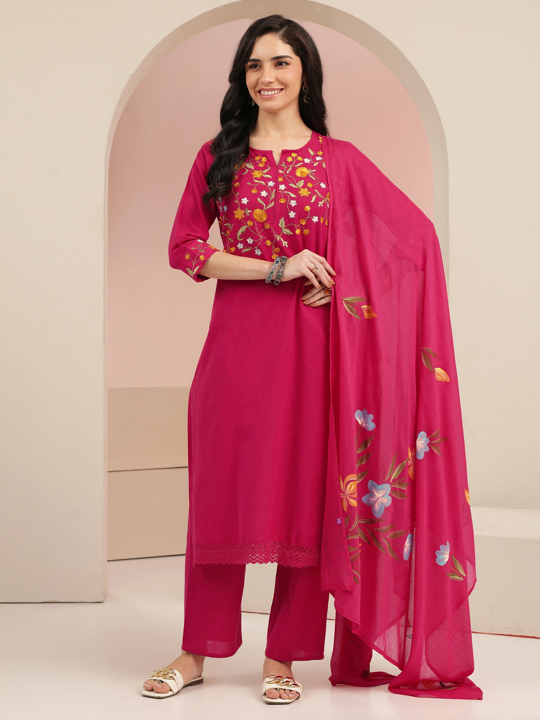  Pink Floral Embroidered Cotton Straight Suit Set 
