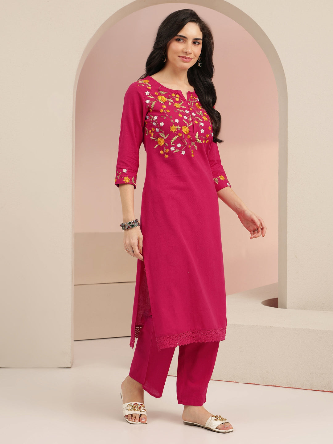  Pink Floral Embroidered Cotton Straight Suit Set 