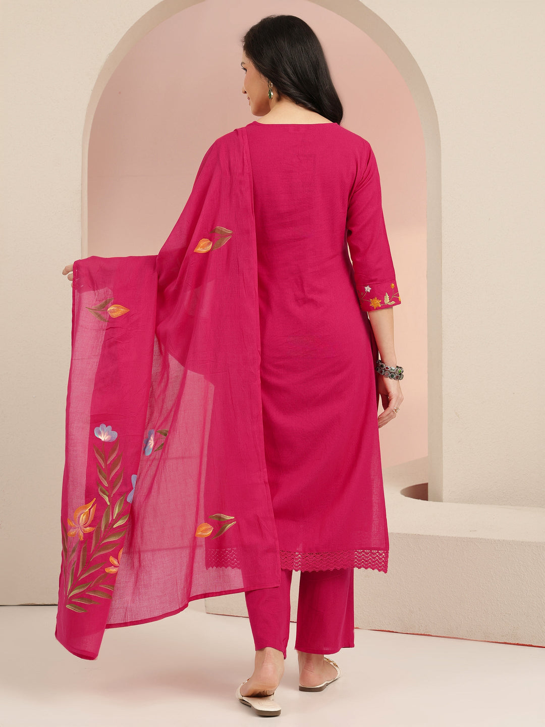  Pink Floral Embroidered Cotton Straight Suit Set 