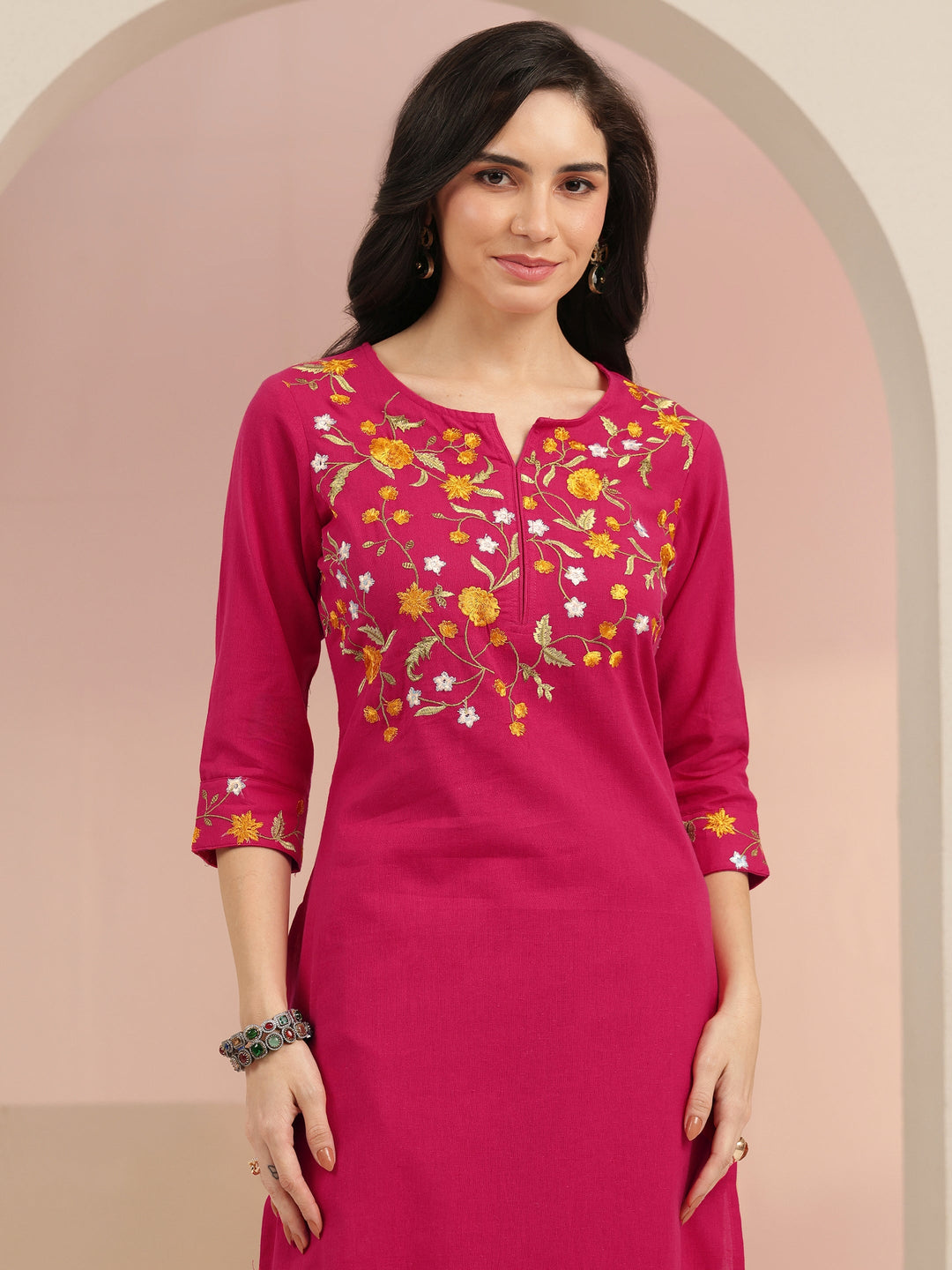  Pink Floral Embroidered Cotton Straight Suit Set 