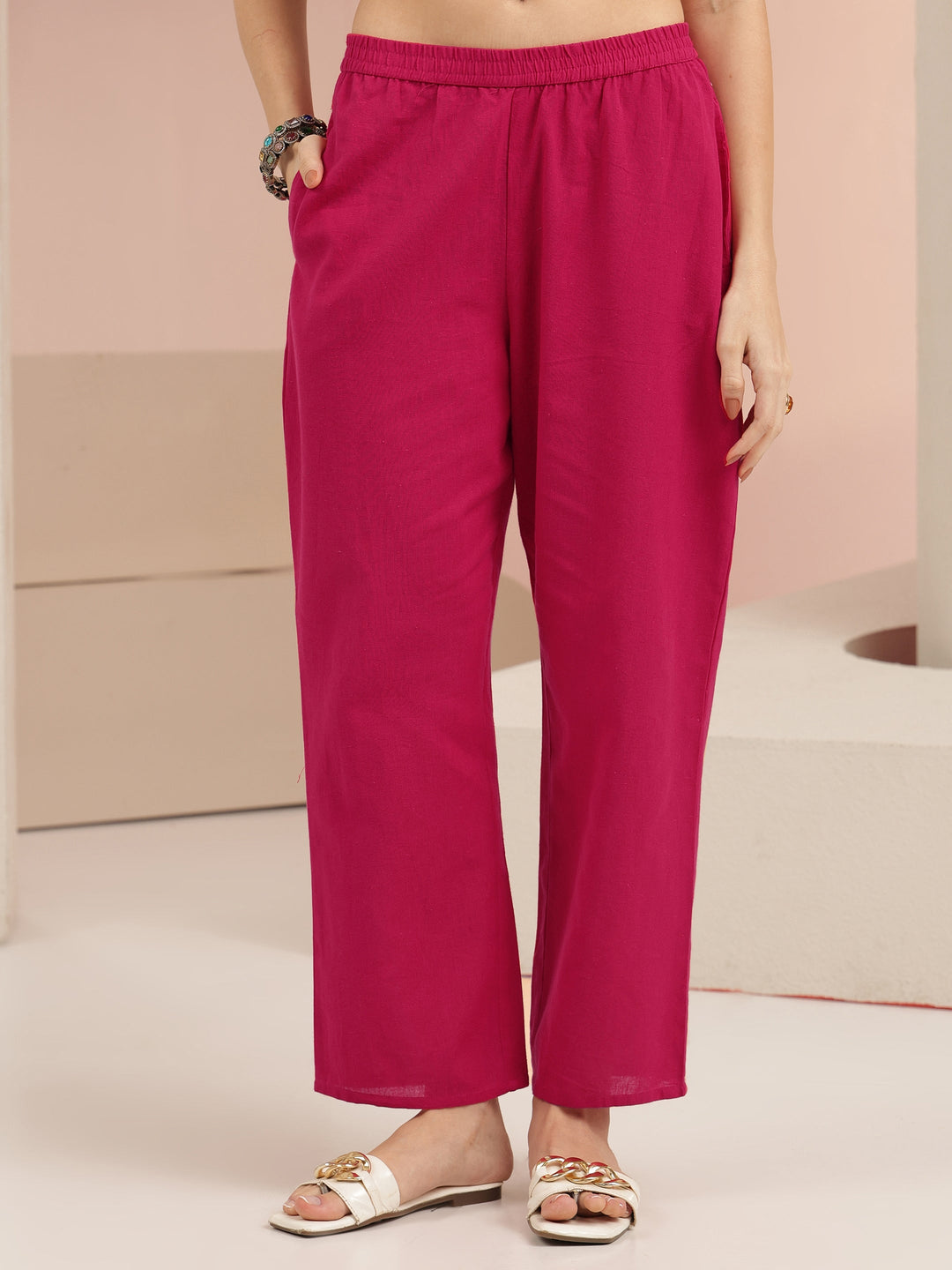  Pink Floral Embroidered Cotton Straight Suit Set 