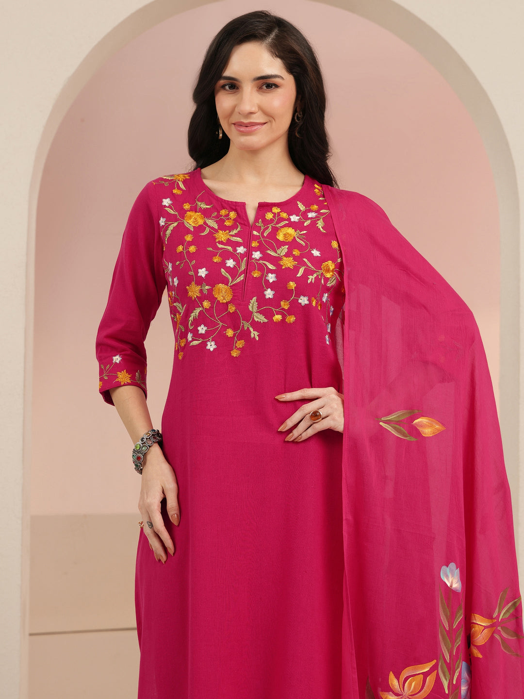  Pink Floral Embroidered Cotton Straight Suit Set 