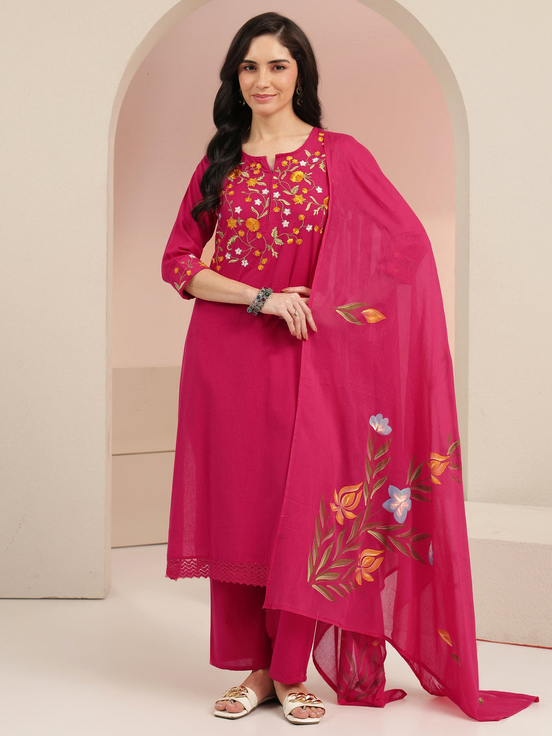  Pink Floral Embroidered Cotton Straight Suit Set 
