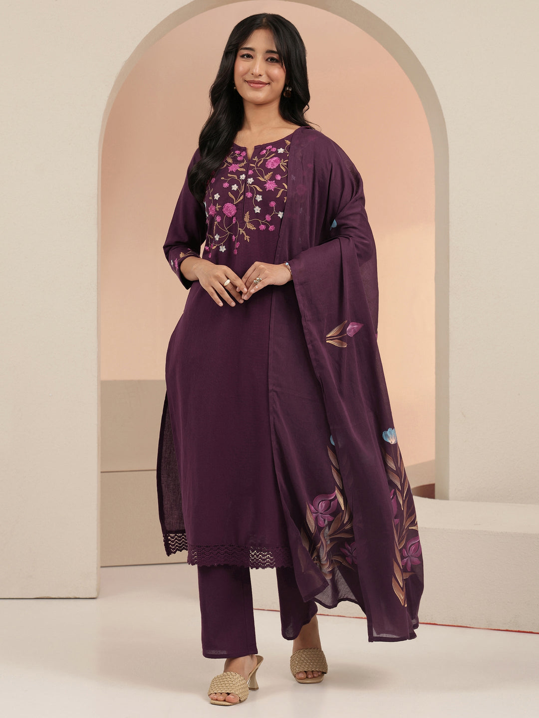  Burgundy Floral Embroidered Cotton Straight Suit Set 