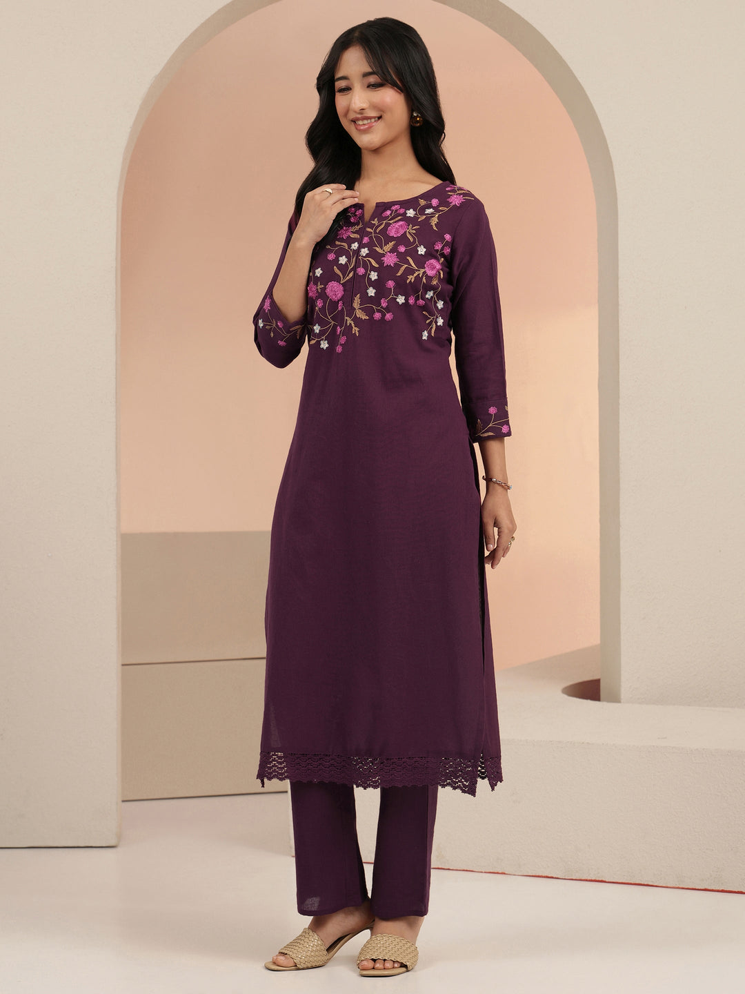  Burgundy Floral Embroidered Cotton Straight Suit Set 