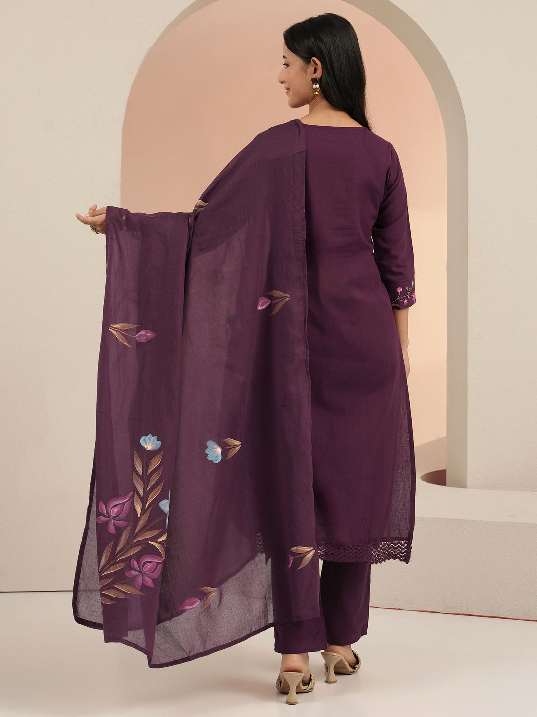  Burgundy Floral Embroidered Cotton Straight Suit Set 