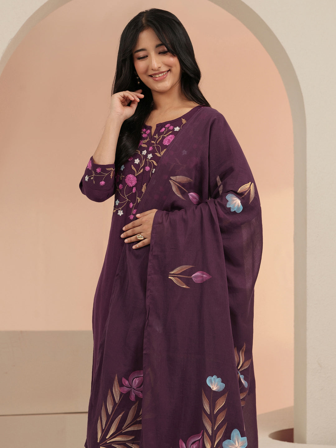  Burgundy Floral Embroidered Cotton Straight Suit Set 