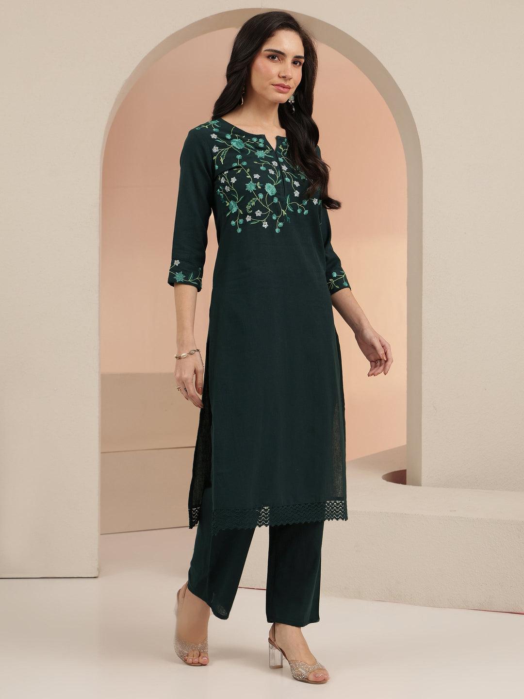  Green Floral Embroidered Cotton Straight Suit Set 