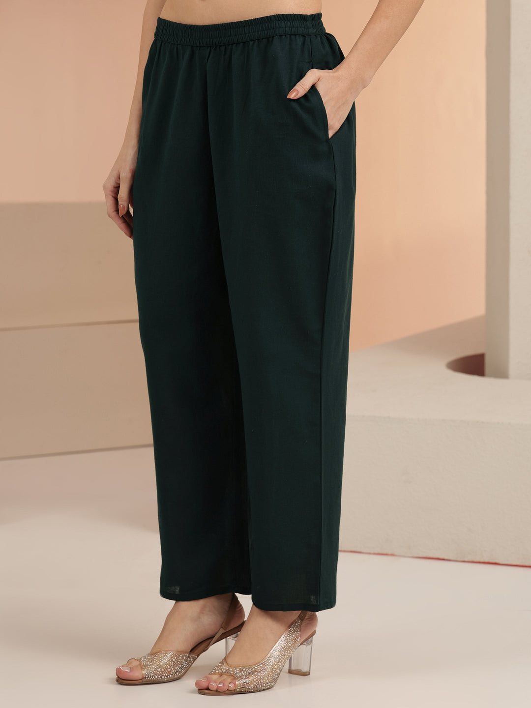  Green Floral Embroidered Cotton Straight Suit Set 