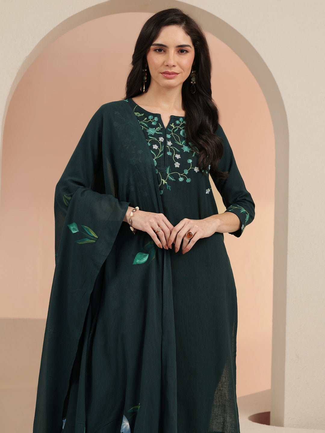  Green Floral Embroidered Cotton Straight Suit Set 