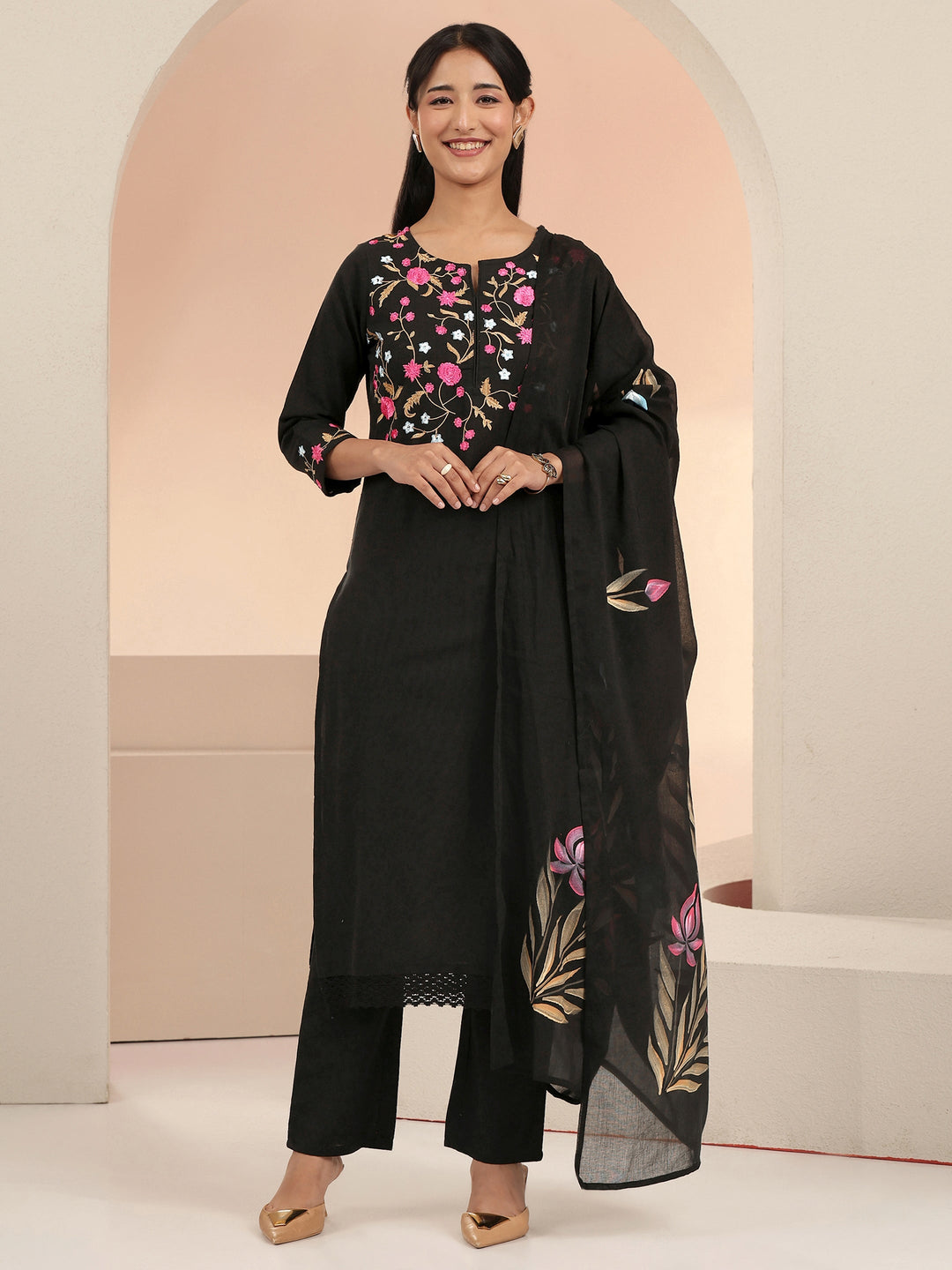  Black Floral Embroidered Cotton Straight Suit Set 