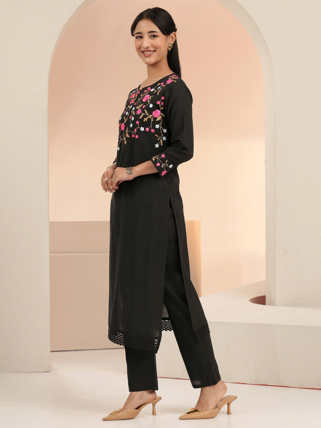  Black Floral Embroidered Cotton Straight Suit Set 
