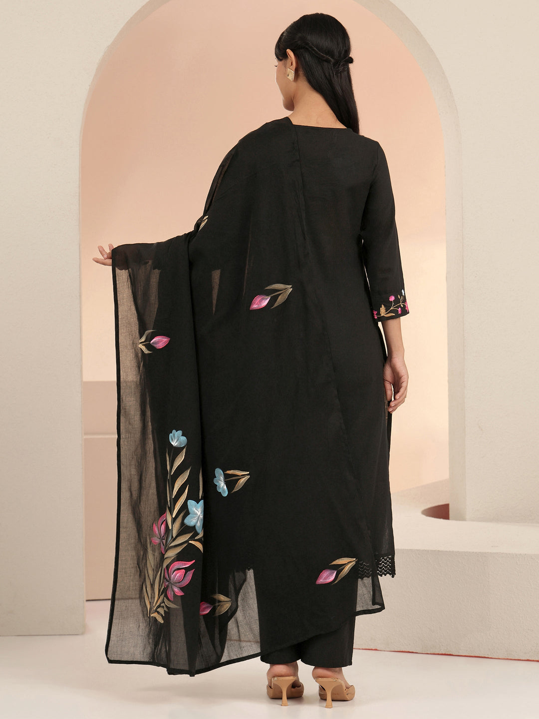  Black Floral Embroidered Cotton Straight Suit Set 