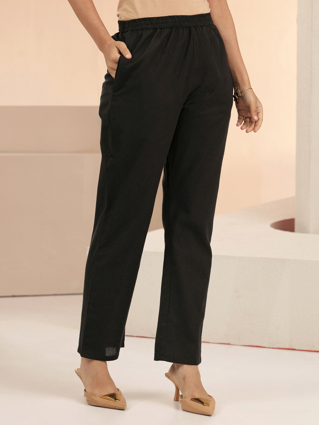  Black Floral Embroidered Cotton Straight Suit Set 