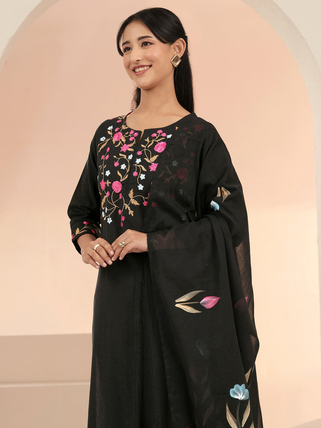  Black Floral Embroidered Cotton Straight Suit Set 