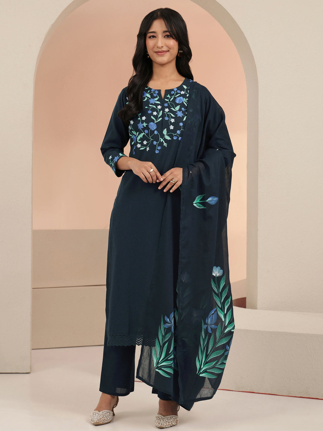  Blue Floral Embroidered Cotton Straight Suit Set 