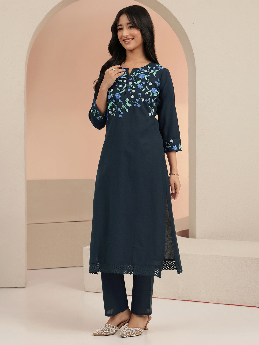  Blue Floral Embroidered Cotton Straight Suit Set 