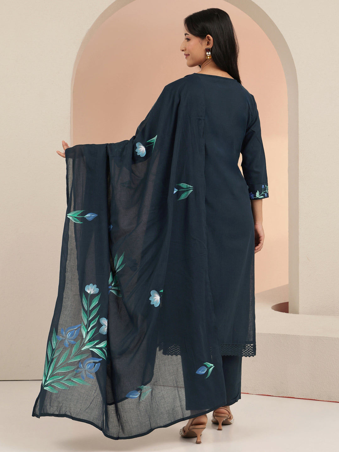  Blue Floral Embroidered Cotton Straight Suit Set 