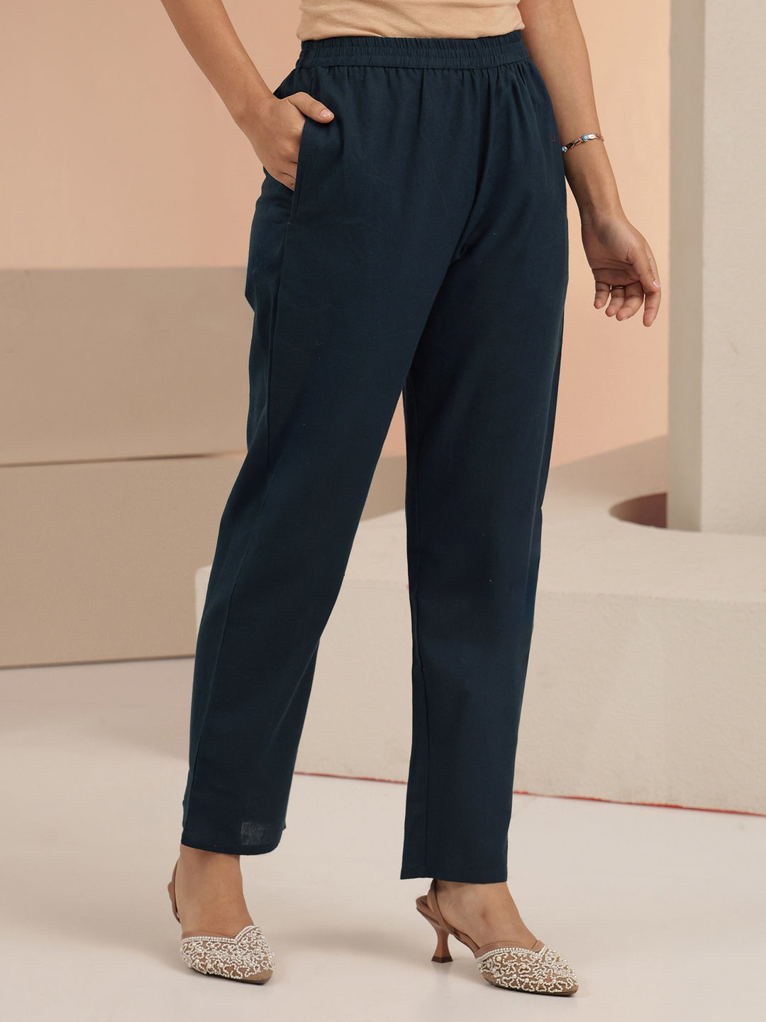  Blue Floral Embroidered Cotton Straight Suit Set 