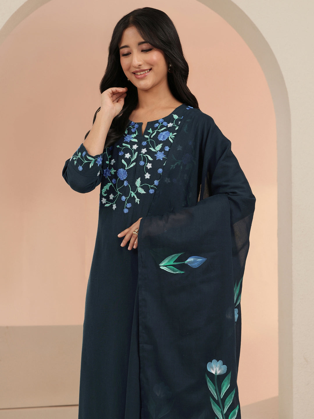  Blue Floral Embroidered Cotton Straight Suit Set 