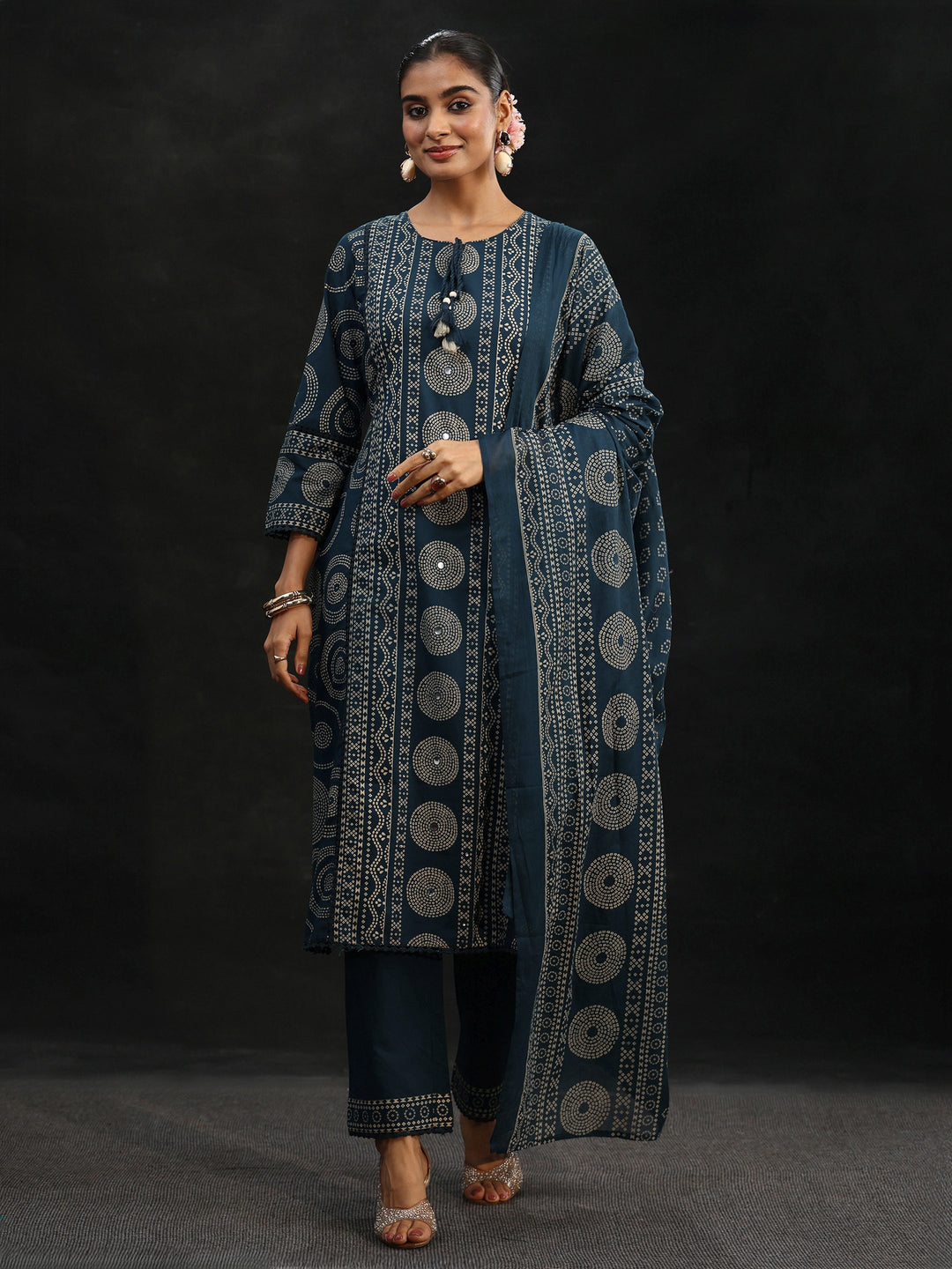  Libas Indigo Blue Bandhani Cotton Straight Suit Set 
