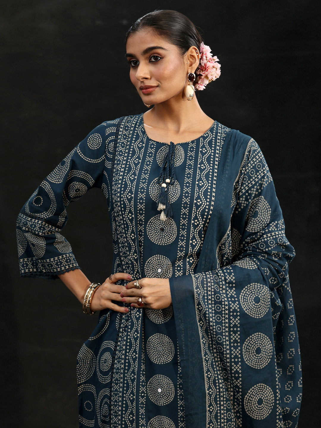  Libas Indigo Blue Bandhani Cotton Straight Suit Set 