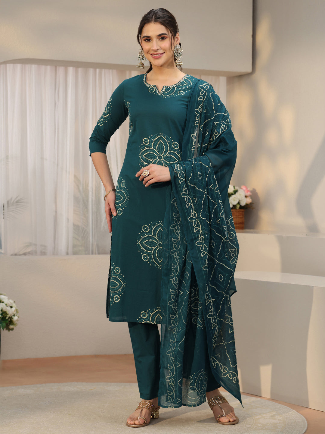  Libas Teal Green Bandhani Printed Cotton Straight Suit Set 