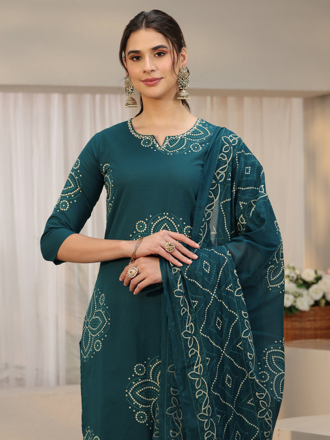  Libas Teal Green Bandhani Printed Cotton Straight Suit Set 