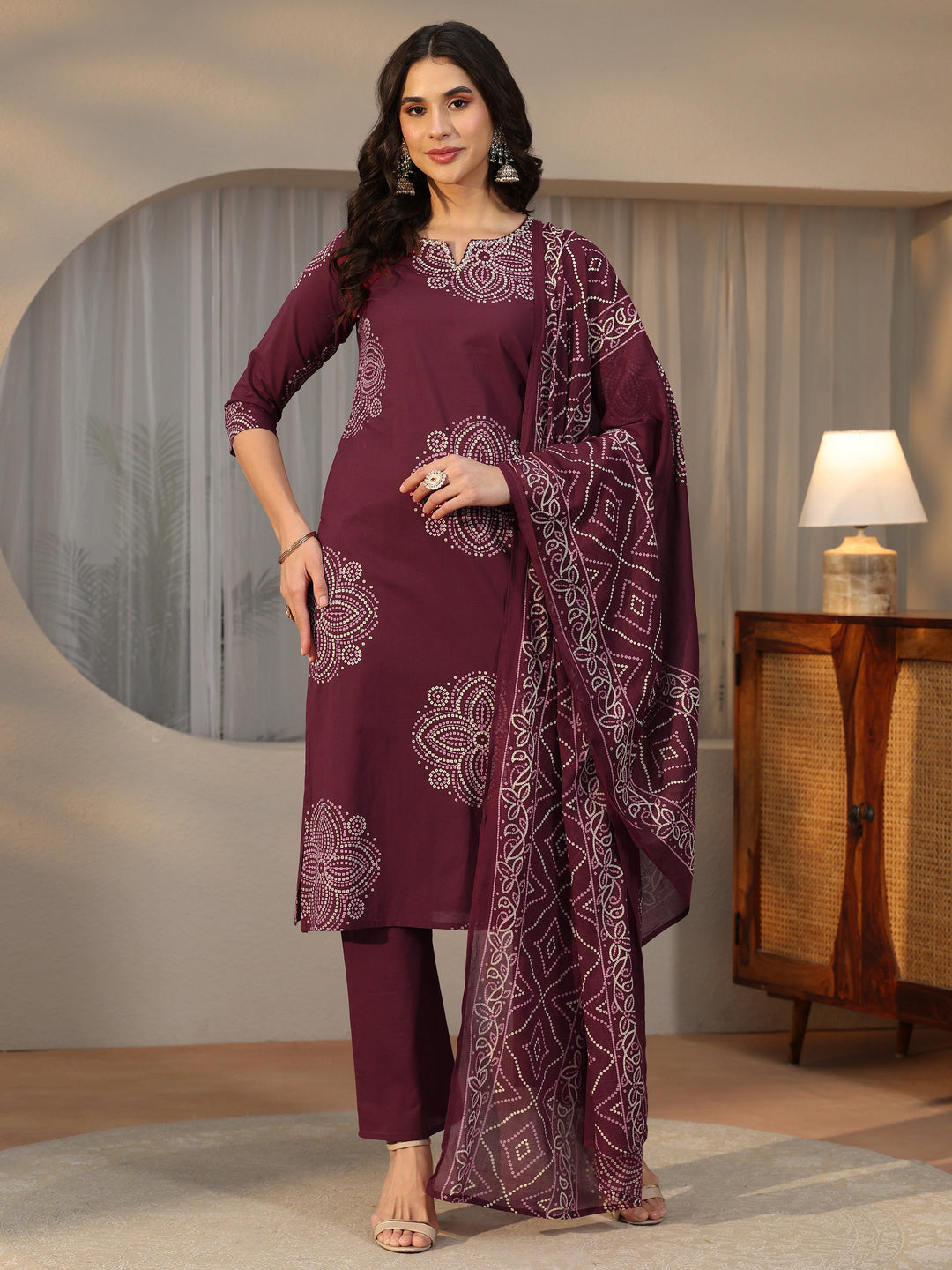  Libas Burgundy Bandhani Printed Cotton Straight Suit Set 