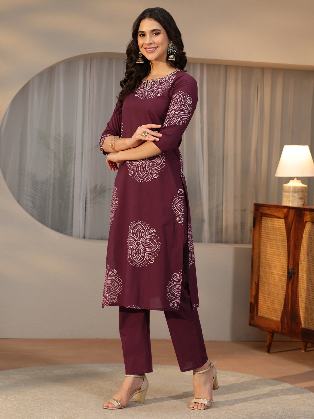  Libas Burgundy Bandhani Printed Cotton Straight Suit Set 