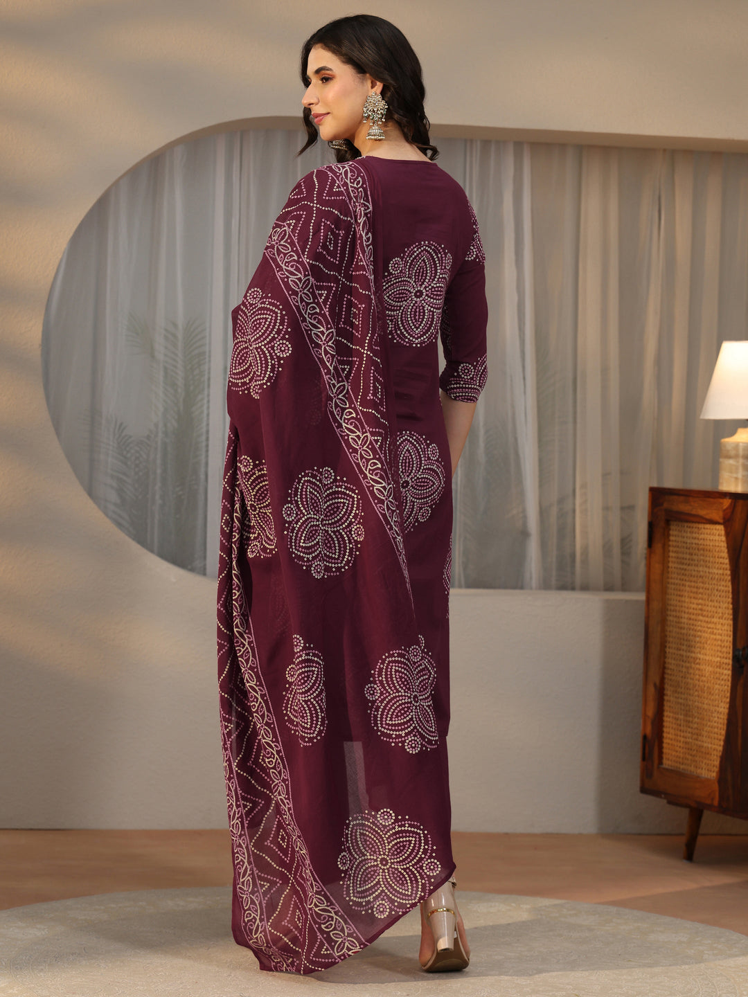  Libas Burgundy Bandhani Printed Cotton Straight Suit Set 