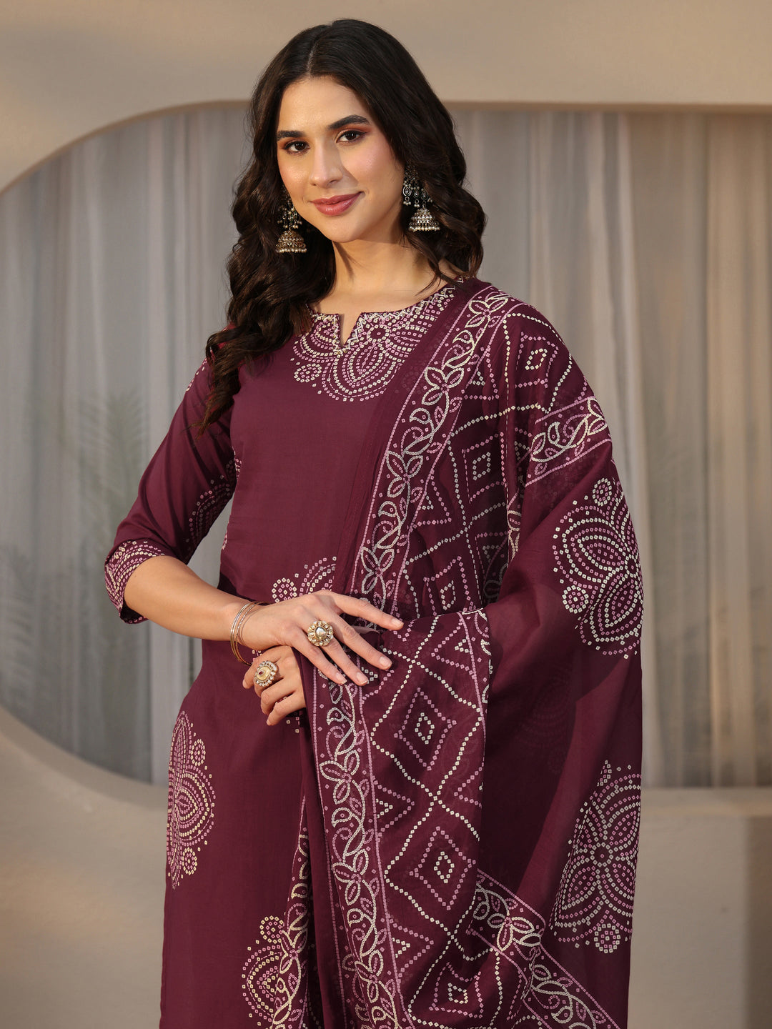  Libas Burgundy Bandhani Printed Cotton Straight Suit Set 